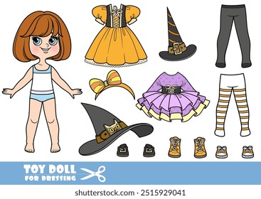 Cartoon brunette girl  with short bob and clothes separately  -   Halloween witch costume constructor . Image produced without the use of any form of AI software at any stage.
