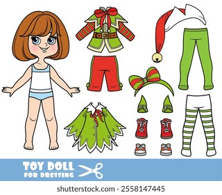 Cartoon brunette girl with short bob and clothes separately  -  New Year elf fancy dress costume constructor. Image produced without the use of any form of AI software at any stage.