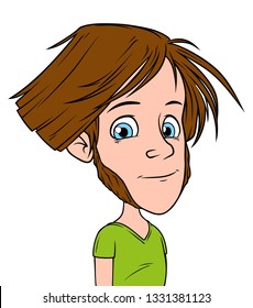 Cartoon brunette long haired boy character with whiskers. Isolated on white background. Vector icon avatar.