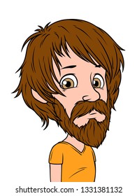 Cartoon brunette long haired boy character with beard. Isolated on white background. Vector icon avatar.