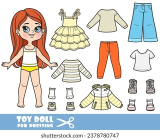 Cartoon brunette longhaired girl  and clothes separately -  long sleeve,dress, t-shirts, sandals, jacket, jeans and sneakers doll for dressing