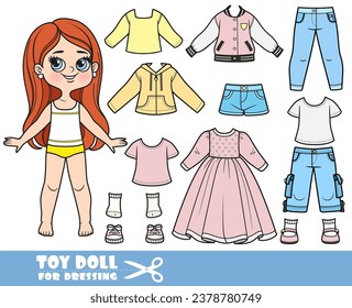 Cartoon brunette longhaired girl  and clothes separately -   long sleeve,  t-shirts, sandals,dress, shorts, jeans and sneakers doll for dressing 