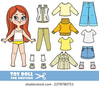 Cartoon brunette longhaired girl  and clothes separately -  long sleeve,  t-shirts, sandals,vest, jacket, jeans and sneakers doll for dressing