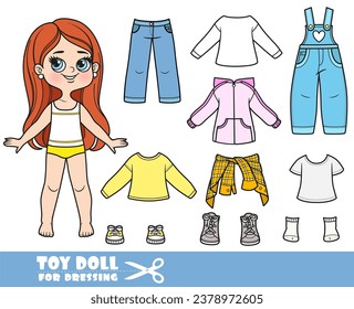 Cartoon brunette longhaired girl  and clothes separately -  long sleeves, t-shirts, jacket, jeans and sneakers doll for dressing