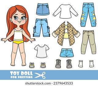 Cartoon brunette longhaired girl  and clothes separately -  long sleeve,shirt, shorts, jeans and sneakers doll for dressing