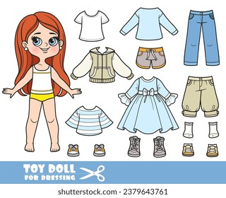 Cartoon brunette longhaired girl and clothes separately - long sleeve, shirt, shorts,jacket, jeans and sneakers doll for dressing