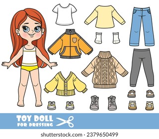 Ropa de caricatura de mujer y ropa de cabello largo por separado - manga larga, camisa, suéter, chaqueta, vaqueros y zapatillas muñeca para vestir