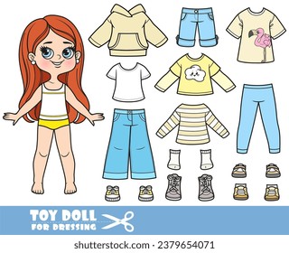 Cartoon brunette longhaired girl and clothes separately - long sleeve, hoodie, shirt, jacket, jeans and sneakers doll for dressing
