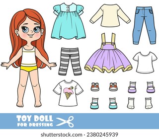 Cartoon brunette longhaired girl  and clothes separately -  dress, t-shirts, skirt, leggings, jeans and sneakers doll for dressing