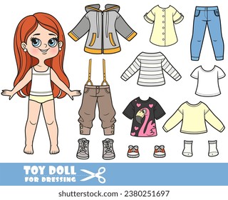 Cartoon brunette langhaariges Mädchen und Kleidung separat - lange Ärmel, Dämonensaison-Jacke, T-Shirts, Jeans und Turnschuhe-Puppe zum Anziehen.