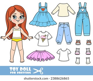 Cartoon brunette longhaired girl  and clothes separately -  skirt, tutu, t-shirts, denim overalls, jeans and sneakers doll for dressing