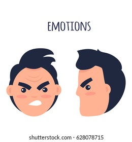 Cartoon brunette male character with twisted mouth frowns his eyebrows from front view and in profile isolated on white background. Human emotion of anger and annoyance vector illustration flat style