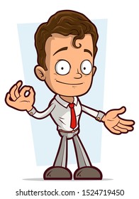 Cartoon brunette standing cute funny smiling boy character showing ok gesture with red tie. Isolated on white background. Vector icon.