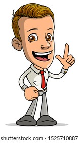 Cartoon brunette standing funny smiling boy character showing forefinger up gesture with red tie. Isolated on white background. Vector icon.