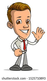 Cartoon brunette standing funny smiling boy character showing hello gesture with red tie. Isolated on white background. Vector icon.