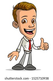 Cartoon brunette standing funny smiling boy character showing thumbs up, like gesture or sign with red tie. Isolated on white background. Vector icon.