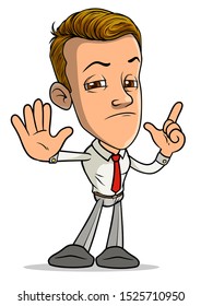 Cartoon brunette standing funny smiling boy character showing stop forefinger up gesture sign with red tie. Isolated on white background. Vector icon.