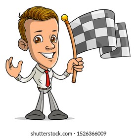 Cartoon brunette standing funny smiling boy character holding racing black and white flag on wooden stick. Isolated on white background. Vector icon.