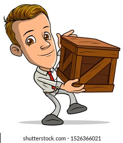 Cartoon brunette standing funny smiling boy character holding brown wooden delivery box crate. Isolated on white background. Vector icon.