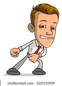 Cartoon brunette standing funny strong boy character draging something with red tie. Isolated on white background. Vector icon.