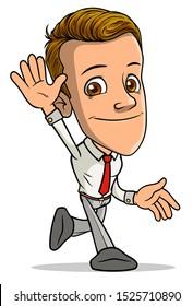 Cartoon brunette walking funny smiling boy character showing hello gesture with red tie. Isolated on white background. Vector icon.