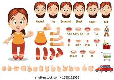 Cartoon brunette woman constructor for animation. Parts of body: legs, arms, face emotions, hands gestures, lips sync. Full length, front, three quarter view. Set of ready to use poses, objects.