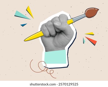 Cartoon brush held in raised hand - creativity concept. Modern photo collage style. Vector illustration