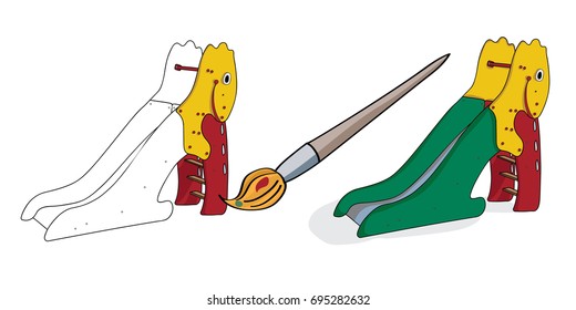 A cartoon brush paints a black and white illustration of a children's roller coaster in bright colors. Vector illustration.
