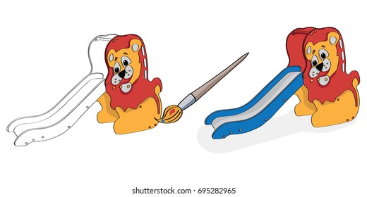 A cartoon brush paints a black and white illustration of a children's roller coaster in bright colors. Vector illustration.