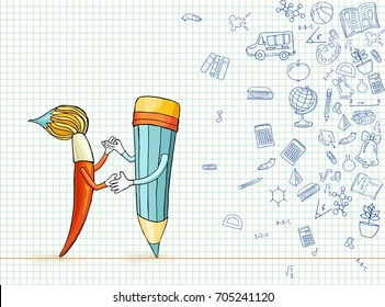 Cartoon brush and pencil dance against the background of a sheet of paper with doodle of pictures drawn with a pen. School theme. Vector illustration with Notebook in a cage