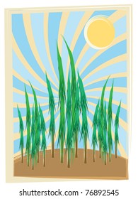 Cartoon brush stroke set of pine needle abstract trees under bright yellow sun