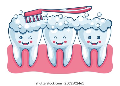 Cartoon brushing his teeth and gums with a toothbrush to keep them healthy and clean. Prevention and treatment of tooth and gum diseases. Dental hygiene and oral care. Tooth decay prevention