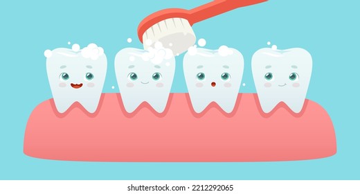 Cartoon brushing teeth scene. Dental hygiene teeth row in gum. Adorable teeth cleaning.