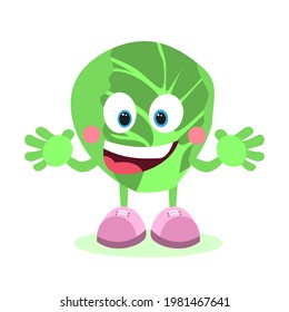 Cartoon Brussels sprouts. Cabbage with face, arms and legs. Healthy and nutritious food. Vector image.