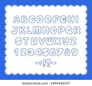 Cartoon Bubble Alphabet. Blue outlined handwritten plump alphabet with uppercase letters, numbers and punctuation with shadow. Perfect for invitations, greeting cards, logos and handmade projects.