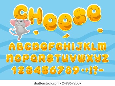 Cartoon Bubble Alphabet. Cheesy plump alphabet with letters, numbers and punctuation. Includes a cheerful cartoon mouse character. Perfect for children's designs, food projects or education materials.