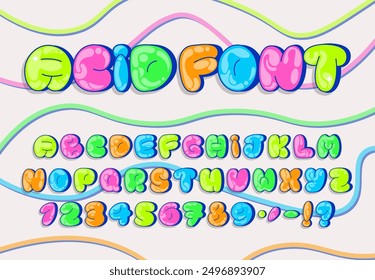 Alfabeto de la burbuja de la historieta, fuente ácida colorida con letras y números. Líneas onduladas de neón sobre fondo. Divertida fuente redondeada con efecto brillante. Perfecto para diseños infantiles o tipografía. Vector.