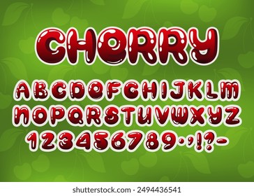 Cartoon Bubble Alphabet. Glossy red cherry plump font with uppercase letters, numbers and punctuation. Fresh juicy berry realistic alphabet. Perfect for fruit themed designs, summer typography. Vector