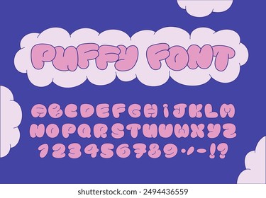 Cartoon Bubble Alphabet, Groovy Pink Puffy plump Schriftart mit Großbuchstaben, Zahlen und Satzzeichen in rosa und blau. Perfekt für Kinderdesigns, Partyeinladungen, Logos, Typografie