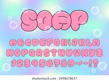 Cartoon Bubble Alphabet, Pink Soap Foam Font. Plump font with uppercase letters, numbers and punctuation. Pastel rainbow backdrop with soap bubbles. Vector illustration.