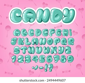 Cartoon Bubble Alphabet. Sweet plump font featuring uppercase letters, numbers and punctuation. Candies and lollipops on the background. Perfect for designs, invitations, logos and typography. Vector.