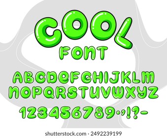 Cartoon Bubble Alphabet. Vibrant cool plump font featuring uppercase letters, numbers, and punctuation in bright green color. Perfect for children's designs, party invitations, logos, and typography.