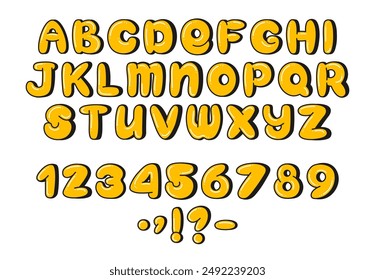 Cartoon Bubble Alphabet. Vibrant plump font featuring uppercase letters, numbers and punctuation in bright yellow color. Perfect for children's designs, party invitations, logos, and typography.