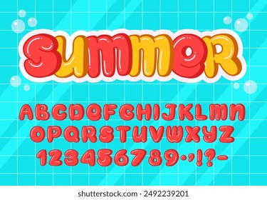 Cartoon Bubble Alphabet. Vibrant summer plump font featuring uppercase letters, numbers and punctuation in red and yellow colors. Perfect for children's design, party invitations, logos and typography