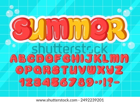 Cartoon Bubble Alphabet. Vibrant summer plump font featuring uppercase letters, numbers and punctuation in red and yellow colors. Perfect for children's design, party invitations, logos and typography