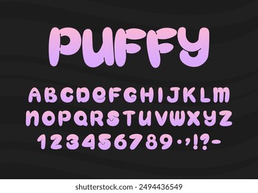 Cartoon Bubble Font. Puffy plump font featuring uppercase letters, numbers and punctuation in pink and purple colors. Perfect for children's designs, party invitations, logos and typography. Vector.