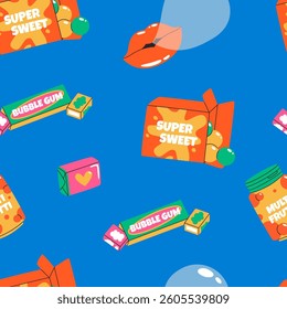 Cartoon bubble gum seamless pattern. Chewing candy in 80s, 90s, retro style. Hand drawn vector background in vintage style.