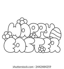 Burbuja de dibujos animados Letras de la frase Feliz Pascua en blanco y negro