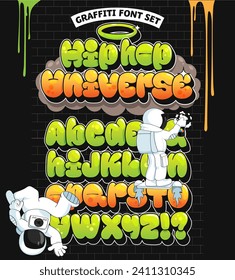 Cartoon bubble letters set. Hip hop universe font in graffiti style
