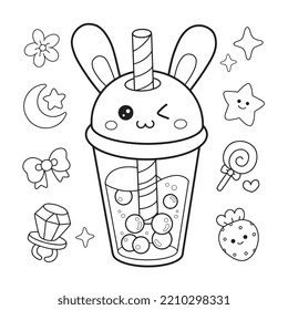 cartoon bubble milk tea cute character hand drawn coloring page illustration